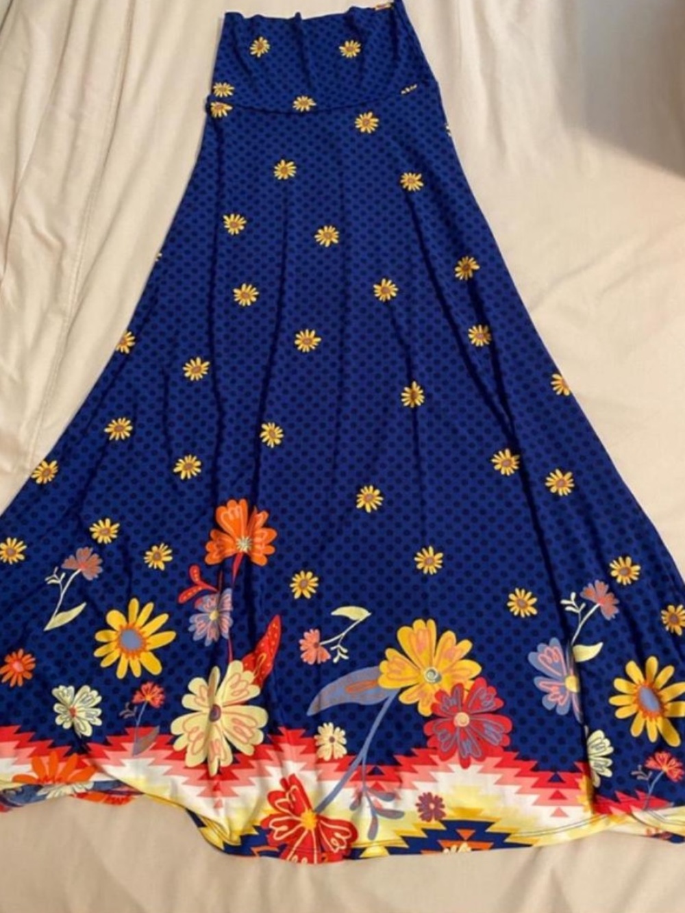 LuLaRoe Royal Blue Maxi Skirt with Yellow Daisy & Multicolor Floral Sz XXS